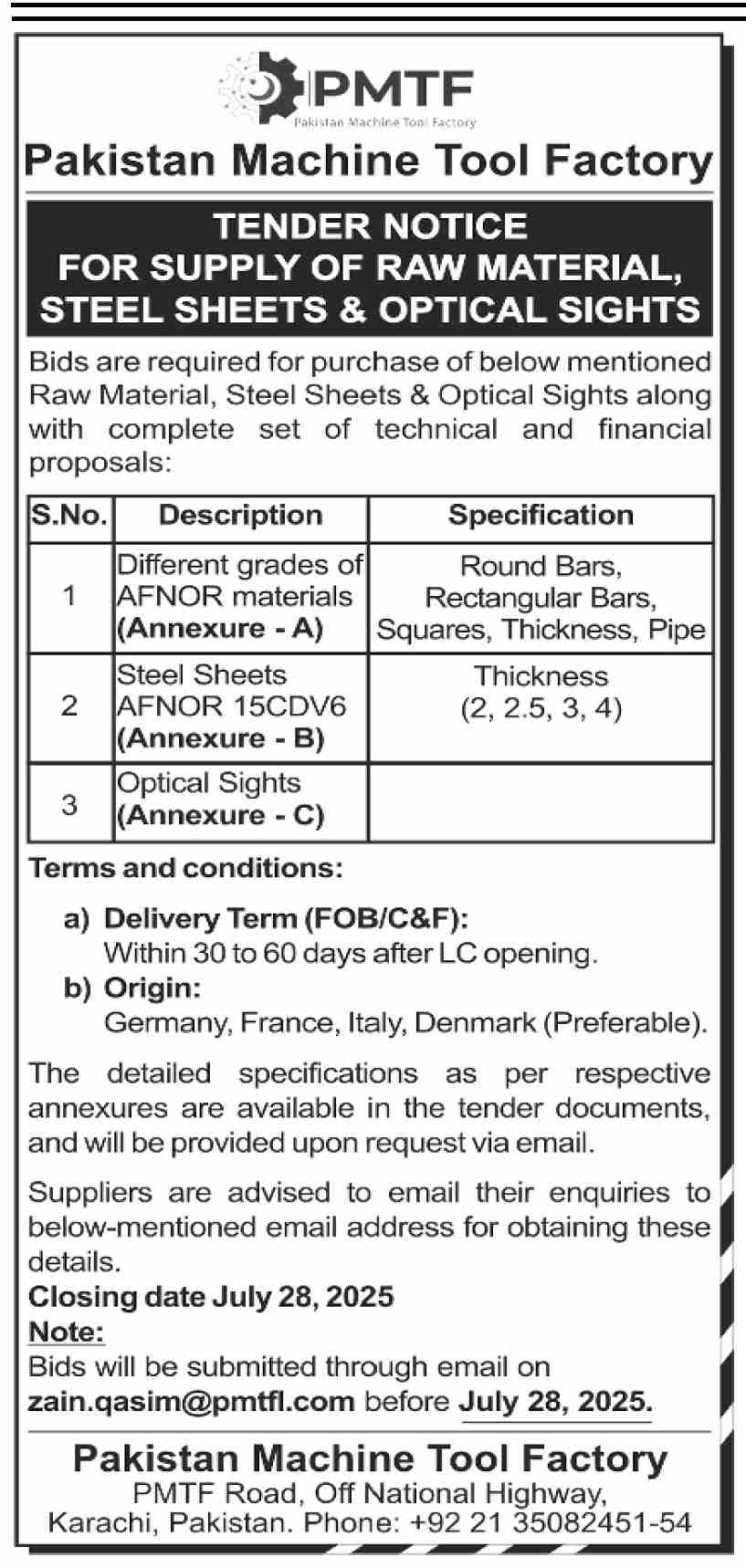 Pakistan Machine Tool Factory Karachi Tender Notice
